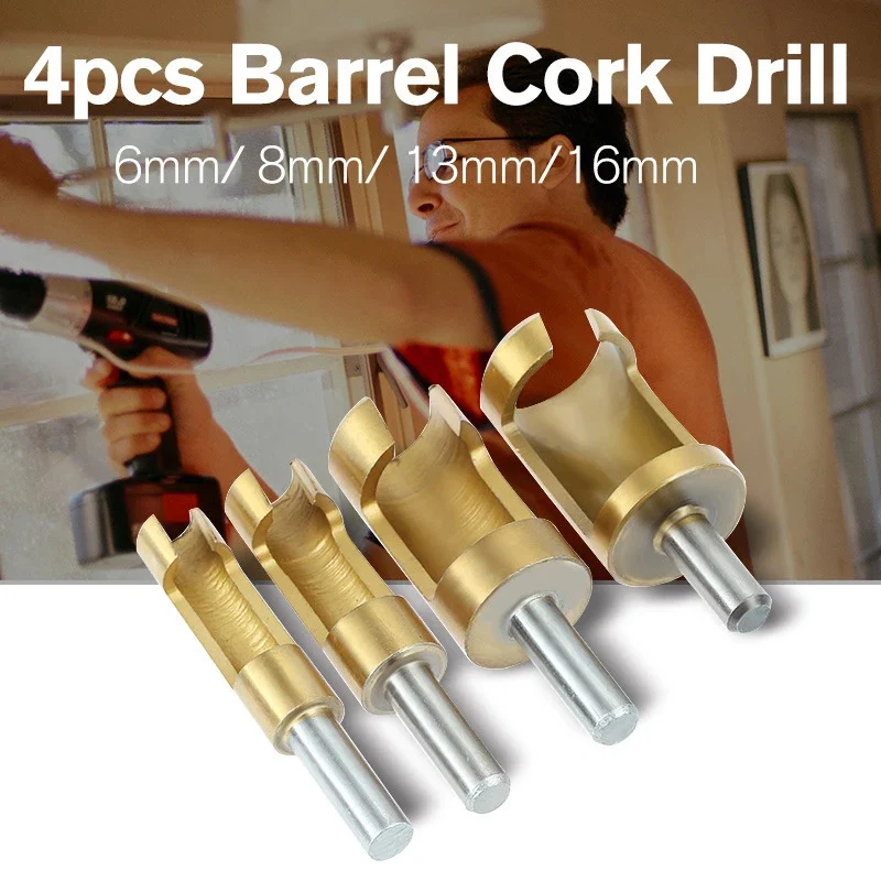 

4Pcs Titanium Coated Shank Barrel Cork Drill Bit Plug Cutter Bored Hole Tenon Drills Hole Saw Arbors Woodwork Hole Opener Tools