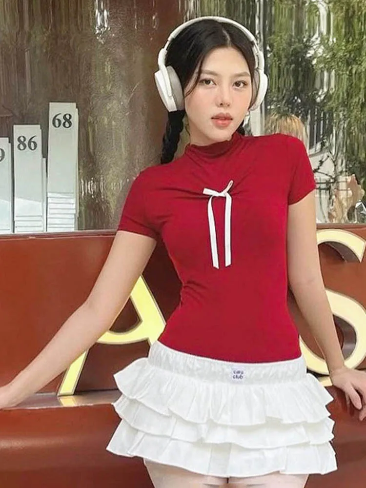 Красная футболка Y2K одежда для женщин летние облегающие топы с милым бантом и