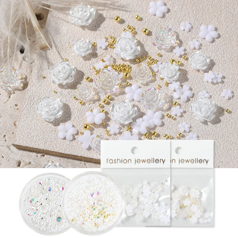 

Bag of White Resin Camellia Nail Art Decoration Pearl Rhinestones Steel Beads Flower Tips Designs