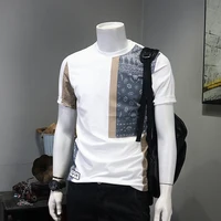 the latest summer stitching retro mens fashion short sleeved t shirt slim fitting round neck asymmetric personalized clothes
