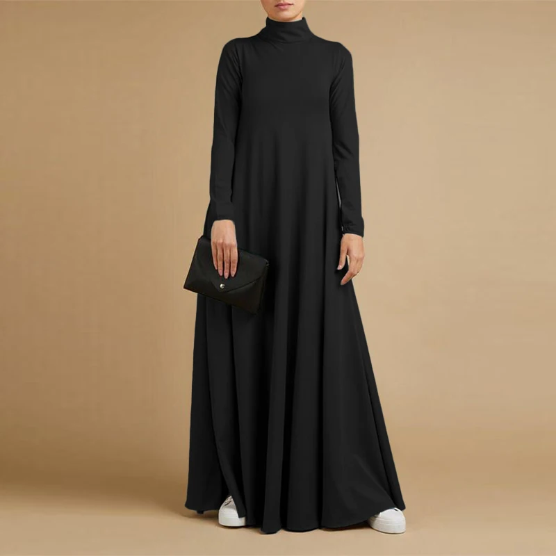S-5XL Muslim Dresses Abayas for Women Vintage Solid Maxi Dress Women's Turtleneck Sundress Casual Long Sleeve Maxi Vestidos