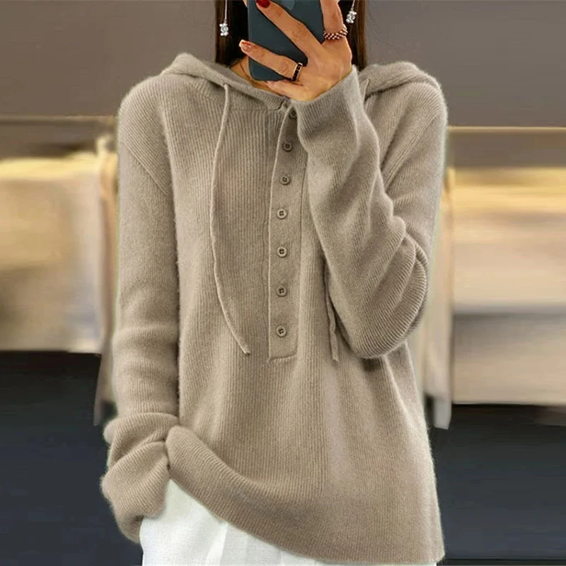 Осень-зима женский свитер с капюшоном модные пуговицы длинным рукавом шерстяной