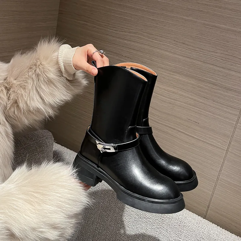 

MKKHOU Fashion Short Boots Women New High Quality Real Leather Round Head Belt Buckle Platform Boots Straight Martin Boots