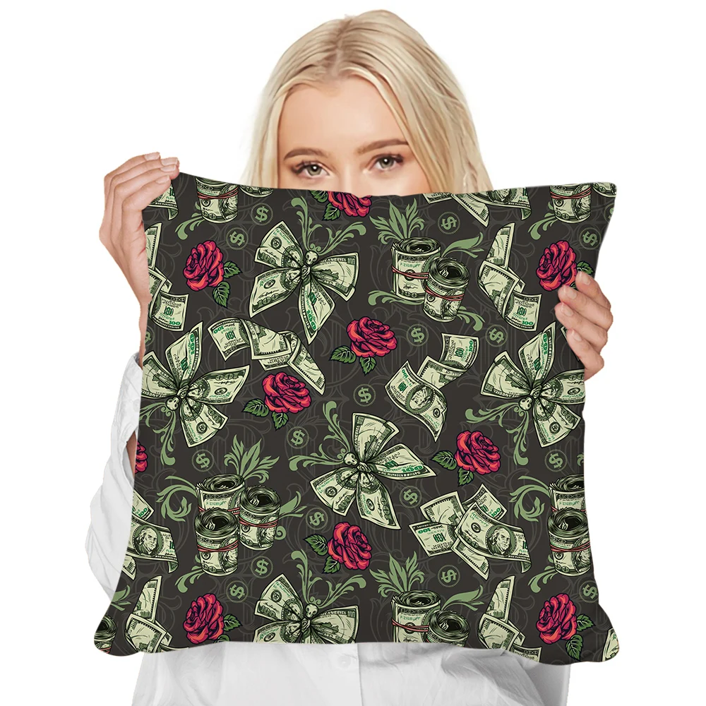 

CLOOCL Fashion Pillowcase Dollar Bill Flowers Rose 3D Printed Pillow Cover for Home Sofa Bedroom Polyester Decorative Pillows