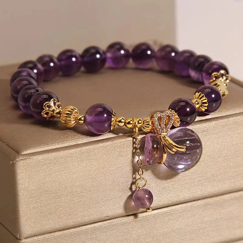 

New natural amethyst bracelet increases memory, national style purse pendant, crystal bracelet, female bracelet, holiday gift