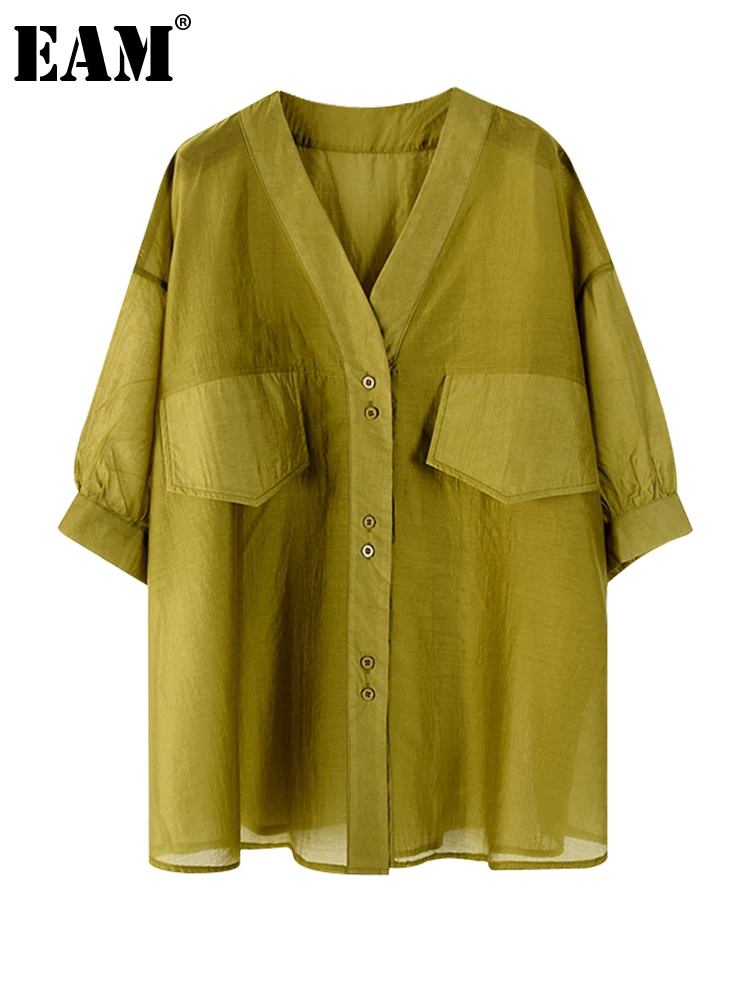 

[EAM] Women Yellow Big Size Blouse New V-collar Three-quarter Sleeve Loose Fit Shirt Fashion Tide Spring Summer 2022 1DE8618