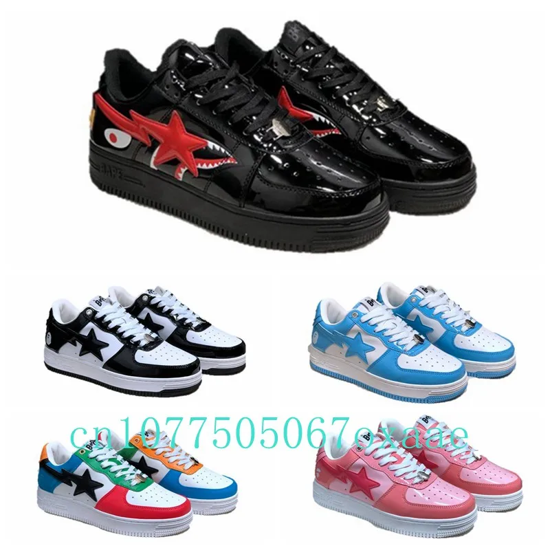 

High Street Men Bapesta Sta Women Patent Leather Luxury Sneaker Black White Casual Shoes Outdoor Trainers Skateboarding Sneakers
