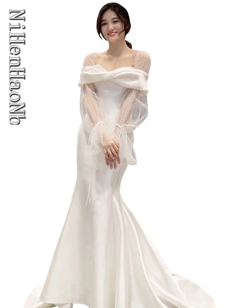 

Mermaid Long Puff Sleeves Wedding Dresses Square Neck Satin Formal Bridal Dress