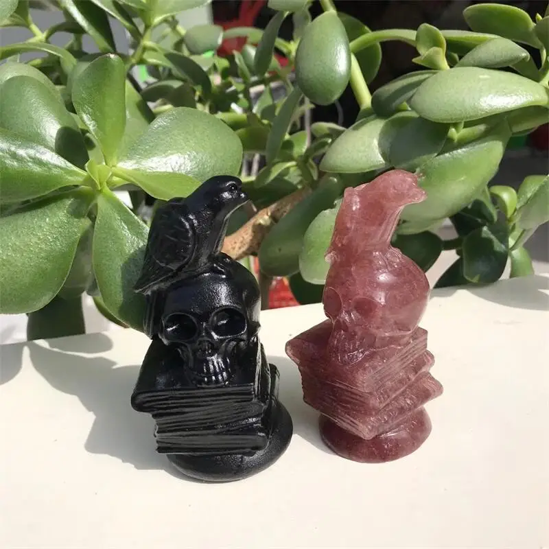 

Natural Obsidian Quartz Strawberry Quartz Crystal Crow Carved Crystal Reiki Animal Figurine Gemstone Small Ornament 1pcs