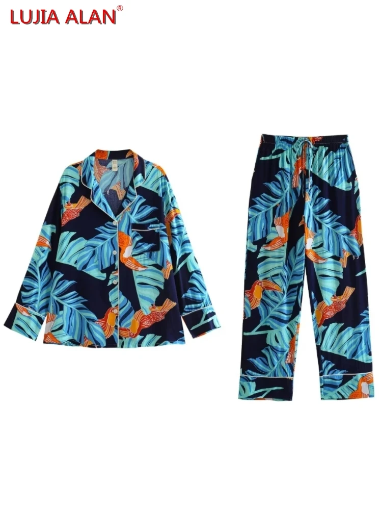 

New Women Animal Printed Casual Shirt Female Nine Quarter Sleeve Blouse Loose Tops+Elastic Waist Straight Pants LUJIA ALAN B1561