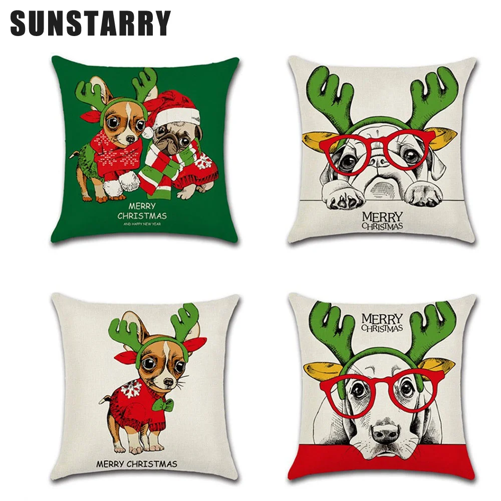 

Рождественская тематика, льняная наволочка для подушки, декоративный чехол для подушки с милым рисунком собаки, чехол для подушки 45x45 см, че...