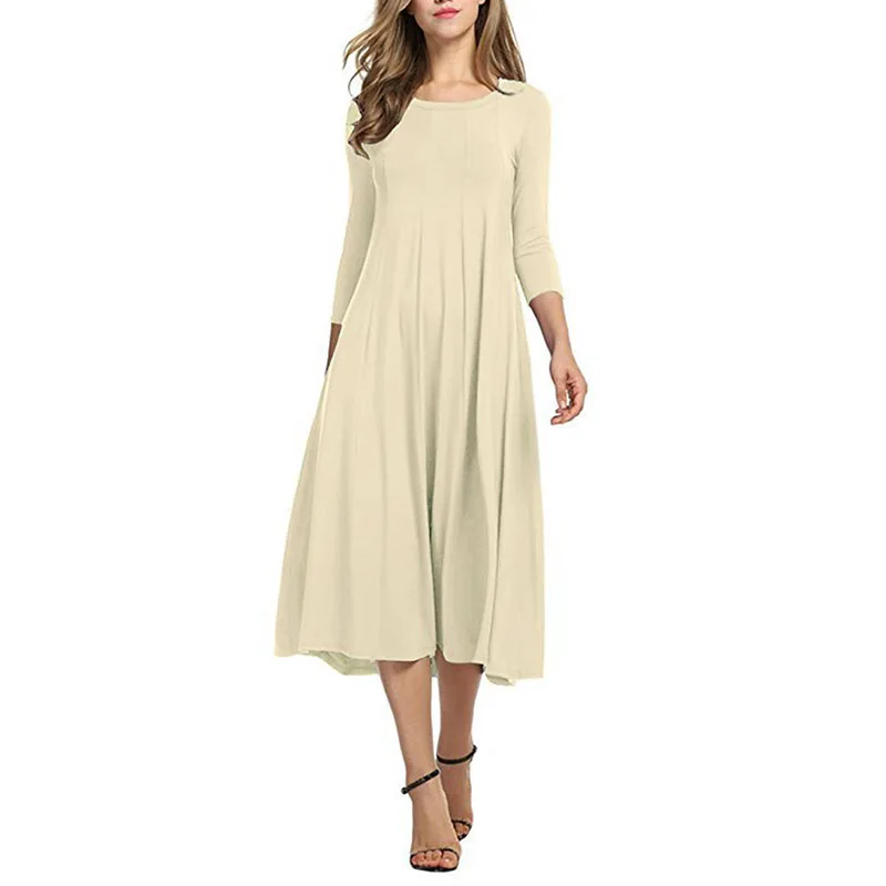 Женское базовое платье с рукавом 3/4 повседневное однотонное круглым вырезом