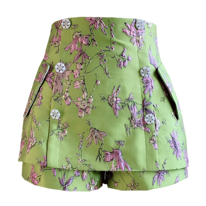 2023 Summer New Chic High Waist Embroidered Wide-Leg Skirt Shorts for Women Beaded Double Breasted A- Line Shorts