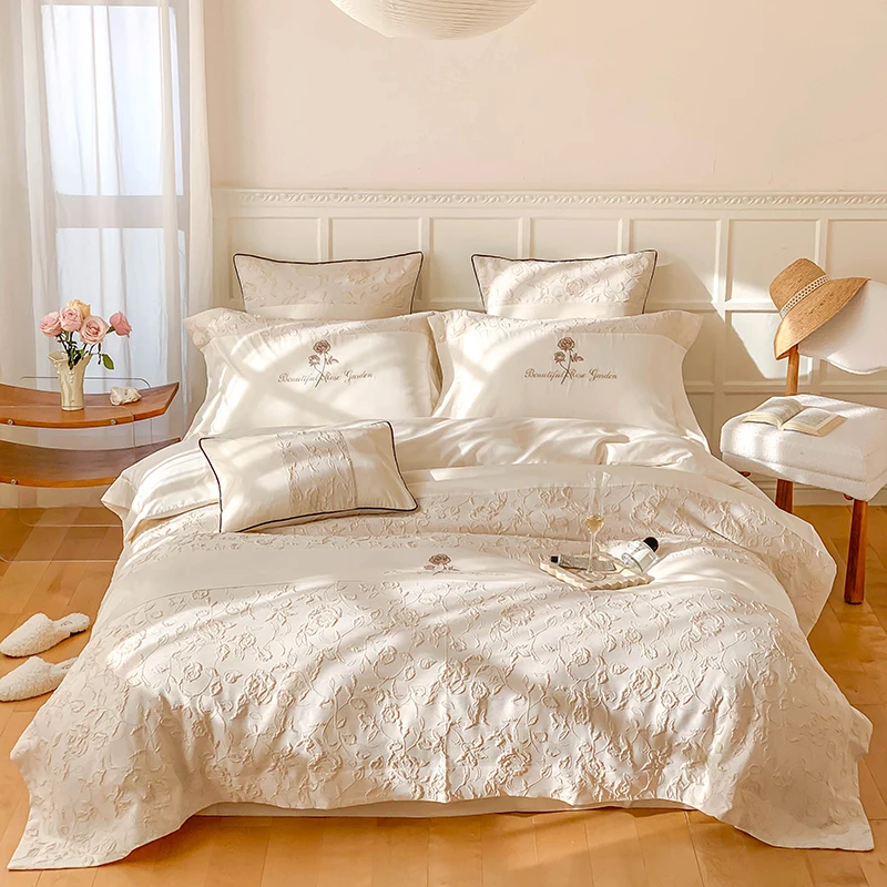 

French Style Lace Flowers Embroidered Bedding Set 1200TC Egyptian Cotton Duvet Cover Set Flat/Fitted Bed Sheet Pillowcases