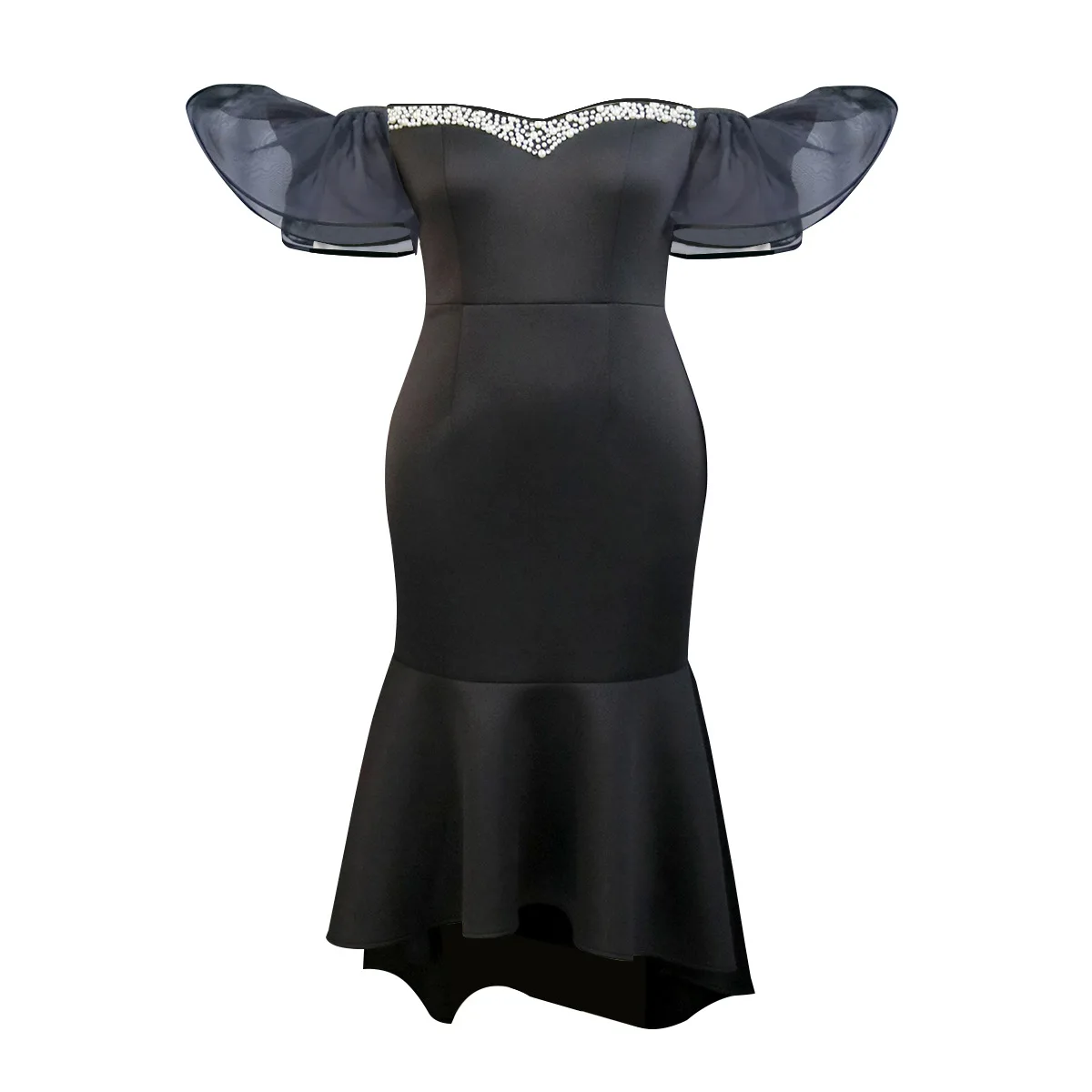 Plus Size Elegant Rhinestone Dress Women Mesh Puff Sleeve Cloth Lady Casual Luxury Robe 2023 Summer Trendy Party Evening Dress