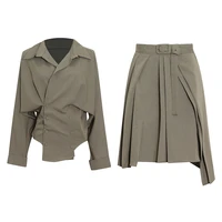 lapel long sleeve shirt for women high waist pleated skirts female fashion new clothes casual elegant two piece set