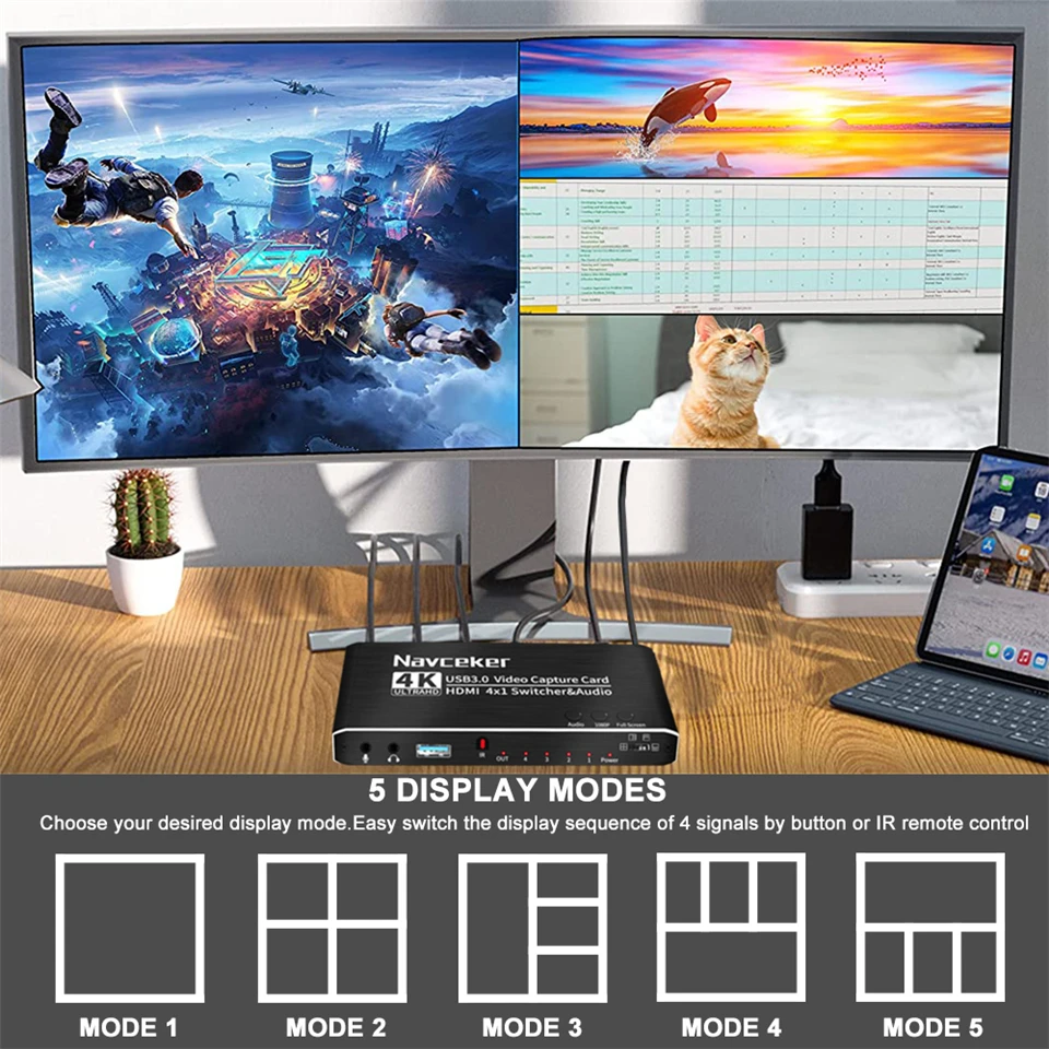 Фото 2023 4 порта 4K Карта видеозахвата USB 3,0 HDMI-совместимый рекордер бесшовный переключатель для записи камеры прямой трансляции №3