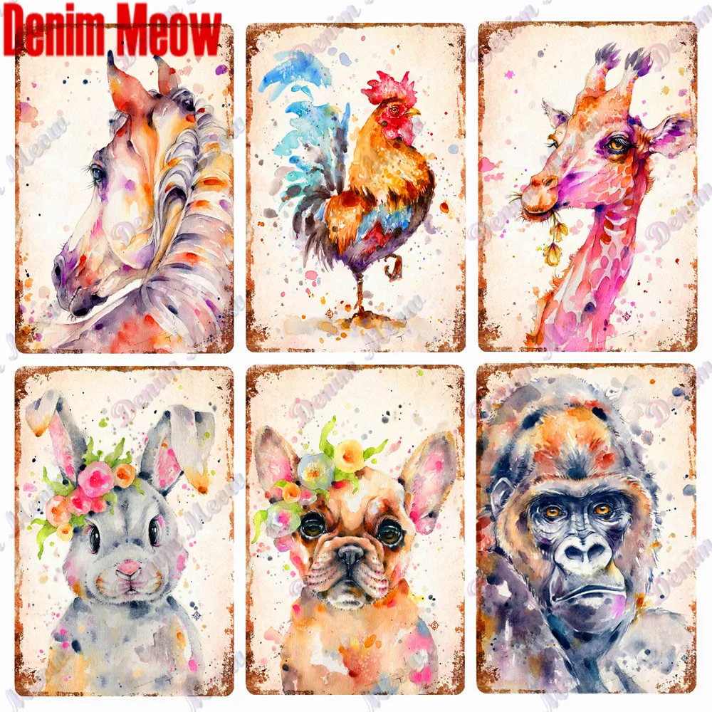 

Vintage Funny Animal Cat Water Colour Pug Metal Tin Sign Flamingo Bunny Rabbit Retro Plates Owl Lion Sweet Room Home Decor WY208