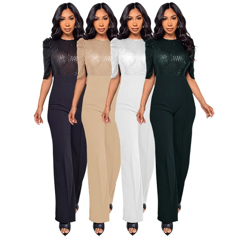 

New Fashion O-neck Short Sleeve Sequined High Waist Jumpsuit Fashion Business Dinner British Style Senior Women Jumpsuit