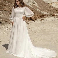 viktoria boho a line long sleeve wedding dress2022 chiffon high neck lace applique for women sweep train custom made bridal gown