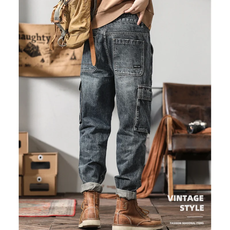 Streetwear Men 2022 New Pattern Vintage Recreational Bluish Grey Jeans Loose Straight Cylinder Broad Leg Trousers Autumn Female