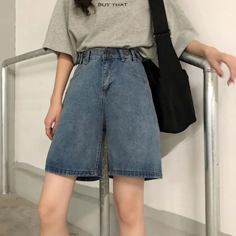 Adjustable Denim Shorts High-waisted Straight  Loose  Five Pants Wide Leg Jeans for Woman Casual  Pockets  Korean Trousers