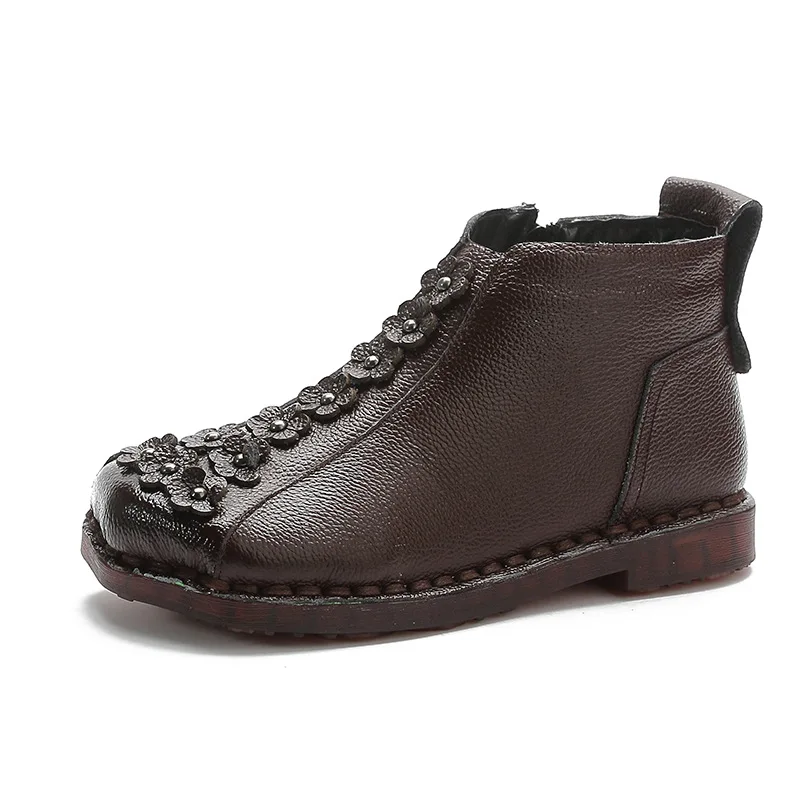 Women Boots Autumn Winter Fashion Ladies Leather Booties Flowers Design Solid Female Outdoor Shoes Warm Plush Woman Cotton Shoes
