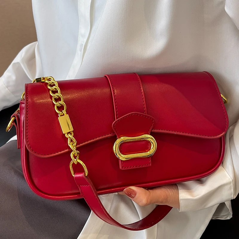 

Винно-красная Роскошная дамская сумочка, шикарная модная Ретро сумка на плечо с золотой цепочкой, Элегантная Маленькая женская сумка через плечо с клапаном