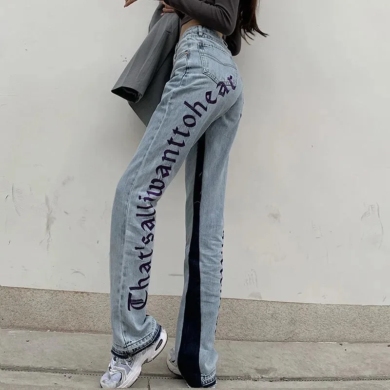 

Женские Модные уличные джинсовые брюки с буквенным принтом 2021 повседневные брюки женские свободные прямые джинсы с высокой талией широкие ...