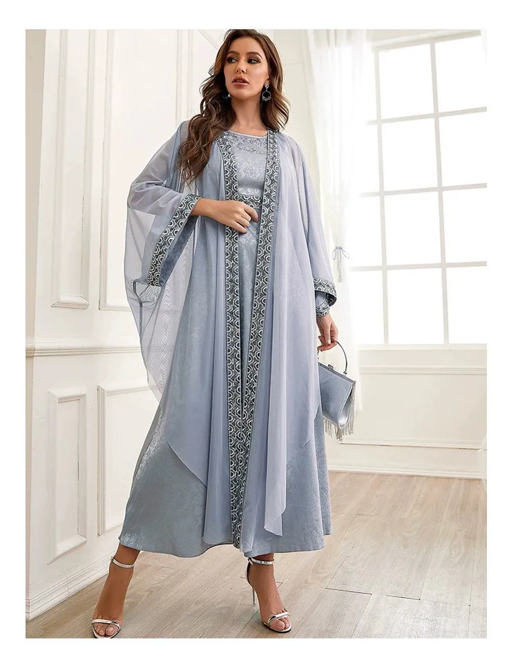 Women Spring Summer Muslim Brand Two-piece Mesh Embroidered Skirt Turkish Indian Abaya Arab Islamic Women Moroccan Kraftan Gown