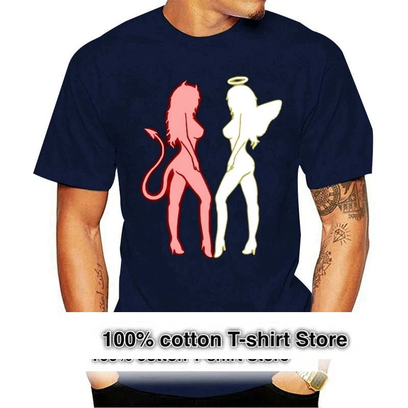 

Brand Naughty Neon Angel And Demon Silhouette T Shirt Summer MenShort Sleeve T Shirt