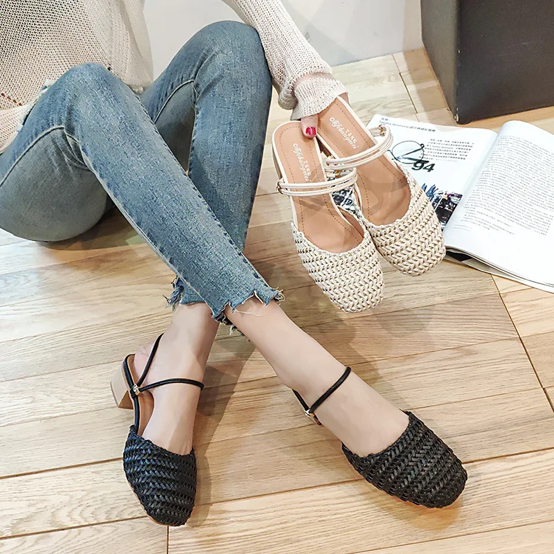 

Женские плетеные сандалии на массивном каблуке, летняя обувь с квадратным носком, туфли без задника, двухсторонние слипоны