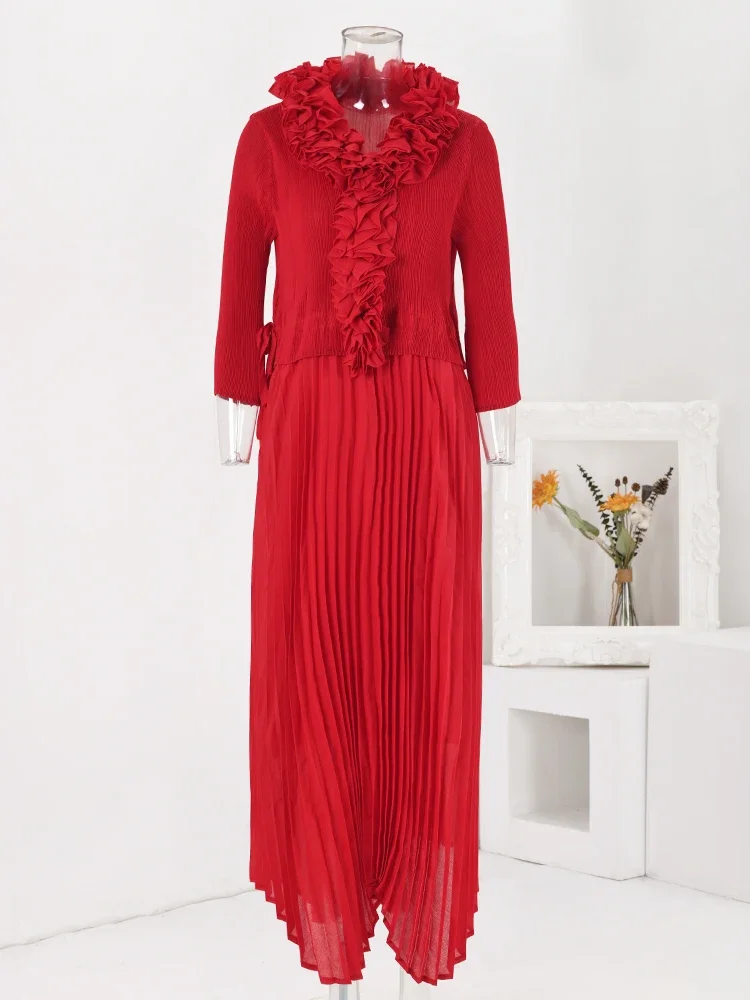 

Miyake Original Women Pleated Long Dress Elegant Floral Patchwork Design Solid Color Irregular Dresses Fashion Party 2023 New