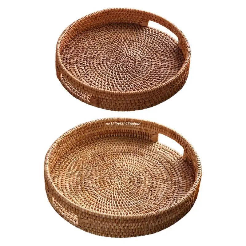 

Rattan Storage Tray with Handle Round Basket Hand Woven Home Decor Bread Fruit Display Room Organizer Dropship