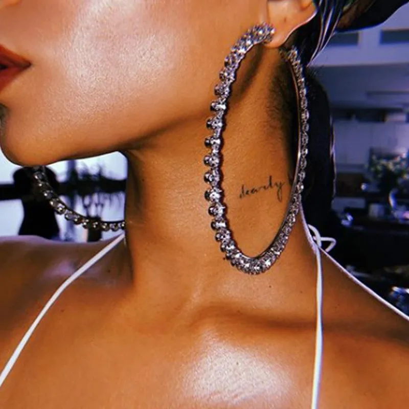 

Fashion 2022 Large Earrings Hoops Trendy Stunning Glass Rhinestone Gems Hoop Earrings For Women Jewelry