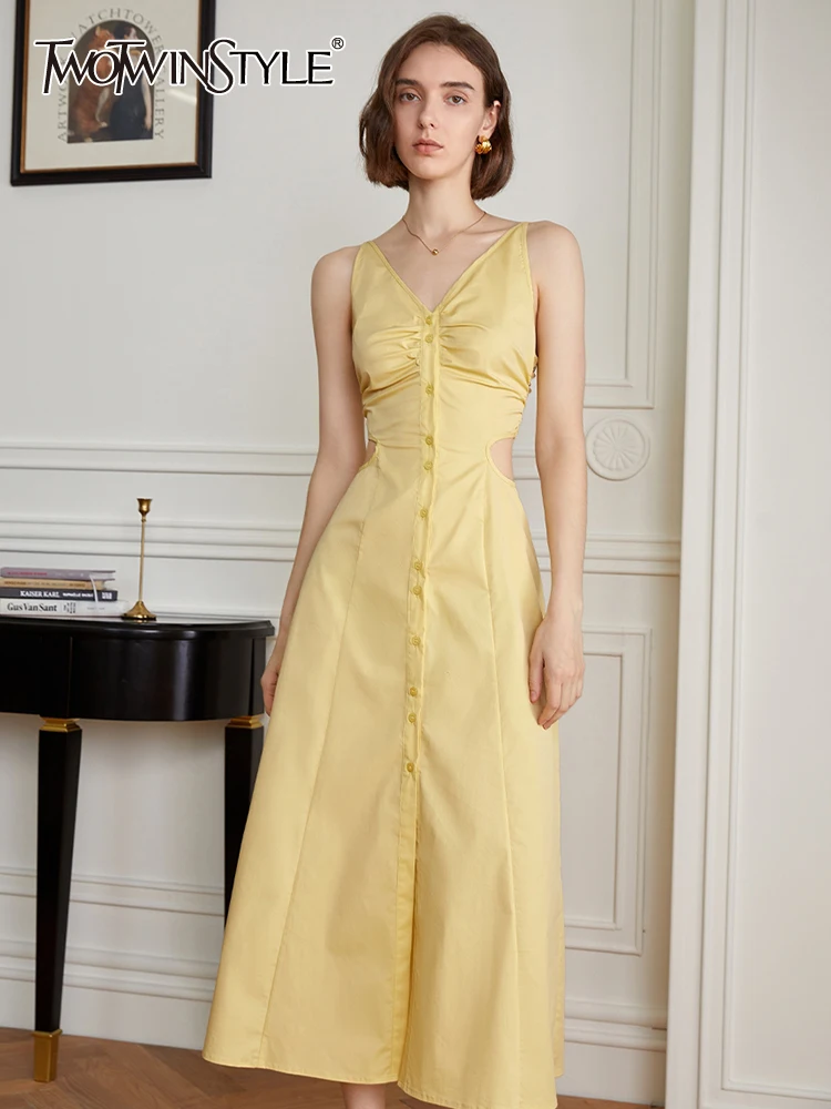 

TWOTWINSTYLE Solid Minimalist Dresses For Women V Neck Sleeveless Tunic Backless Hollow Out Casual Slip Dress Female Fashion New