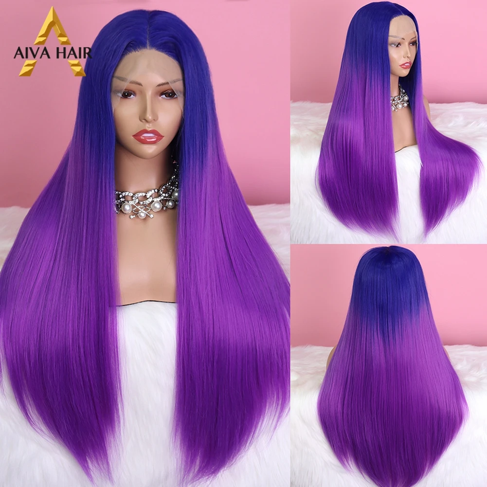 Ombre Purple Synthetic Lace Front Wig Heat Resistant Pink Yellow Straight Synthetic Wig Aiva Hair Cosplay Wigs For Black Women
