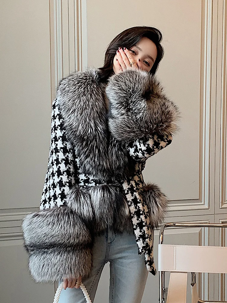 Import Full Pelt Silver Fox Fur Thick Warm Coat Real Fur Plaid Woolen Winter Coat Women Luxury Clothes Jackets for Women Winter