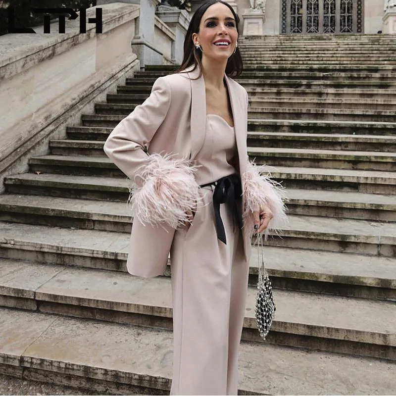 LTPH blazer set women three-piece suit vintage casual loose feathers sleeve blazers camisole wide-leg pant suits 2023 autumn new