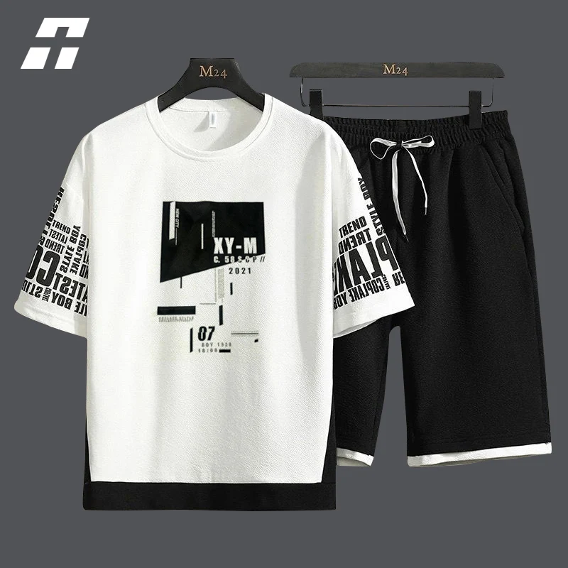 

Men Tracksuit Hip Hop Streetwear Casual T-shirts 2 Piece Sets Men+Pants 2022 Summer Patchwork Korean Style Male Sports Suit