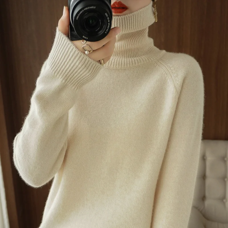 Autumn winter new sweater high lapel pullover solid color cashmere sweater women's loose yuan treasure needle long sleeve knitwe