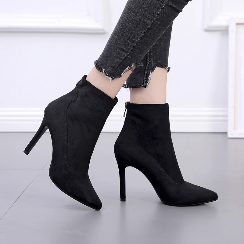 New Style Thin Heel Pointed Toe Martin Boots High Heel Suede Short Boots Plush Women Boots Black Fashion Boots Shoes