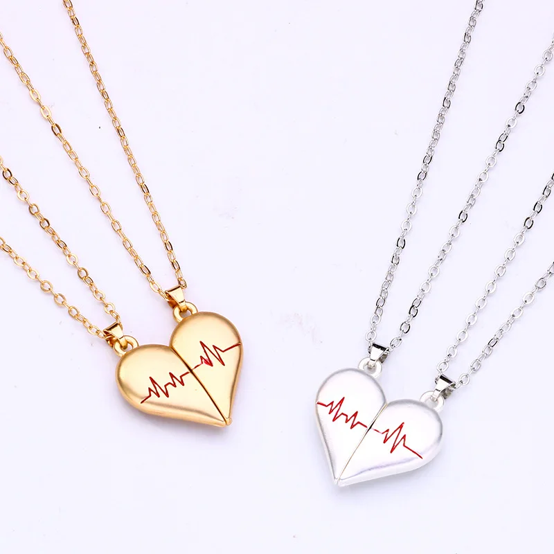 

Love Magnet Attracts Couple Necklace Bracelet A Pair of Simple and Creative Heartbeat Heart Pendant Clavicle Chain 2PCS/set