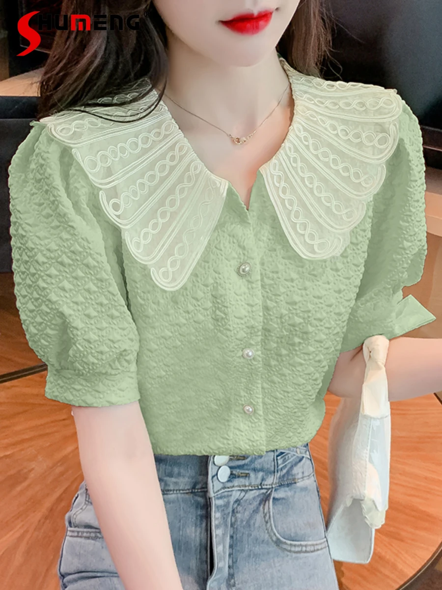 

Women's Clothing 2022 Summer New Green Lace Peter Pan Collar Jacquard Blouses Elegant All-Matching Short Sleeve Shirt Top Female