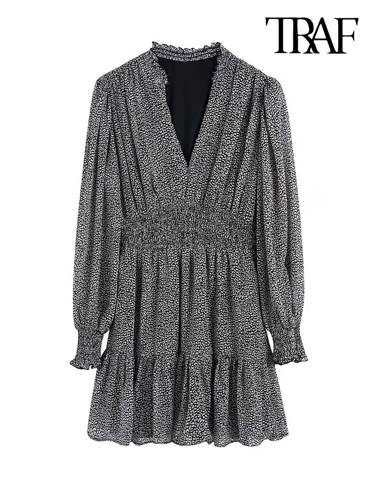 

TRAF Women Fashion Animal Print Ruffled Mini Dress Vintage Long Sleeve Elastic Waist Female Dresses Vestidos Mujer