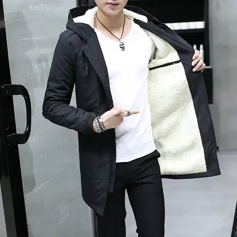 Мужская ветровка, длинная парка, корейский стиль, теплый анорак с капюшоном, Хлопковая мужская одежда, флисовая мужская зимняя куртка