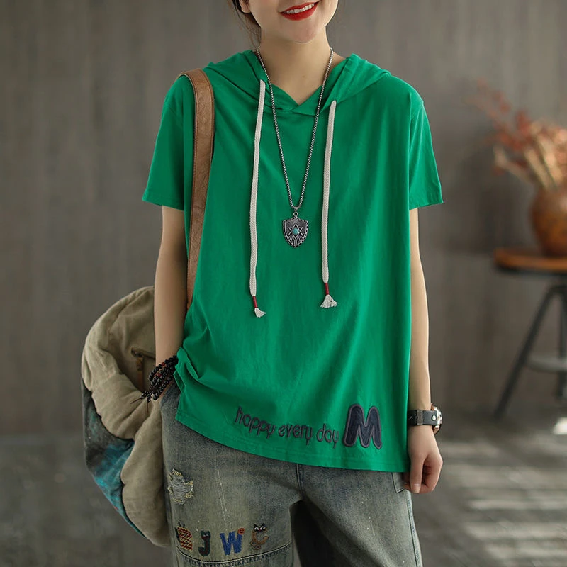 

100% Cotton Loose Hooded Women Short Sleeve Casual T-shirts Tee Shirt 2021 New Summer Korean Fashion Female Tops Oversize Slim