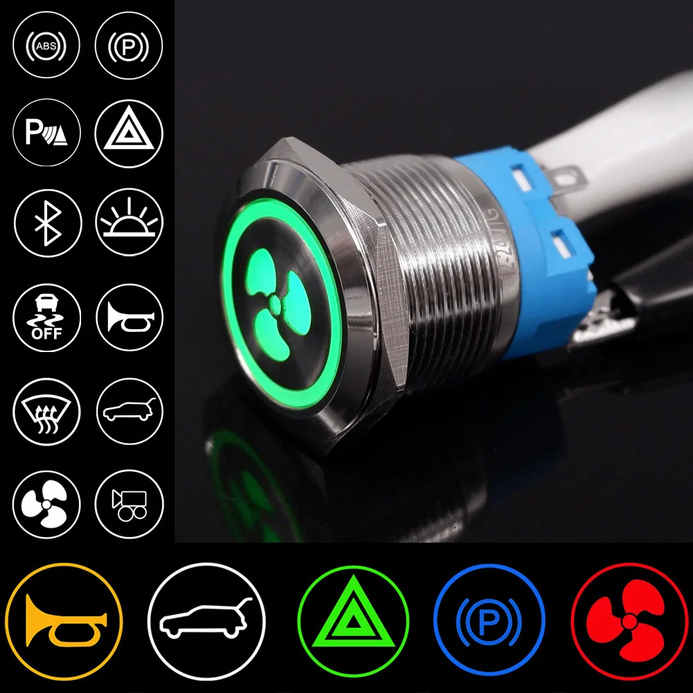 

16/19/22mm Laser Customize Metal Luminous Word Push Button Switch Waterproof Latching Momentary 12V 220V 5V Design switch Blue