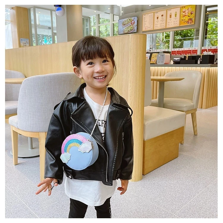 Lovely Children's Round Shoulder Bags Cartoon Cute Rainbow Coin Purse for Girls Baby PU Leather Sequins Kids Mini Coin Purse