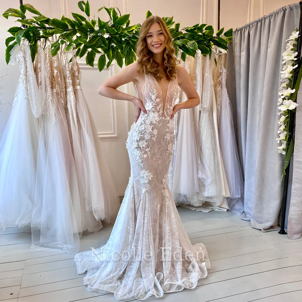 

Nicolle Eden V-Neck Mermaid Delicate Wedding Dresses Lace Appliques Backless Formal Bride Gown Vestido De Casamento Custom Made